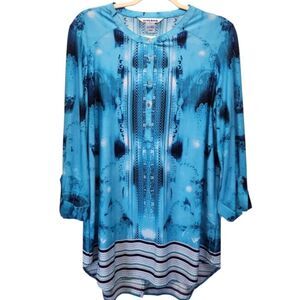 Nygard Silky Stretchy Blue Graphic 1/4 Button Down Roll Tab Tunic Top MEDIUM